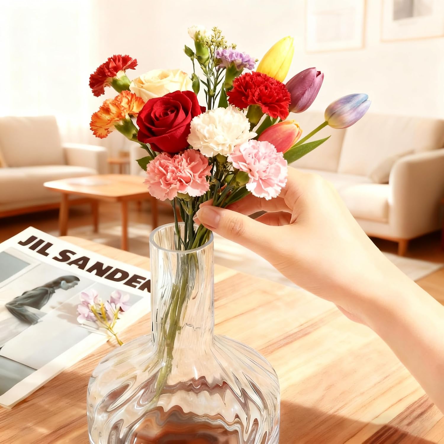 Clear Glass Vase Flower, Rippled Flower Vases with Wooden Base, 10-inch Modern Round Vases, Suitable for Living Room, Dining Room... (10in)