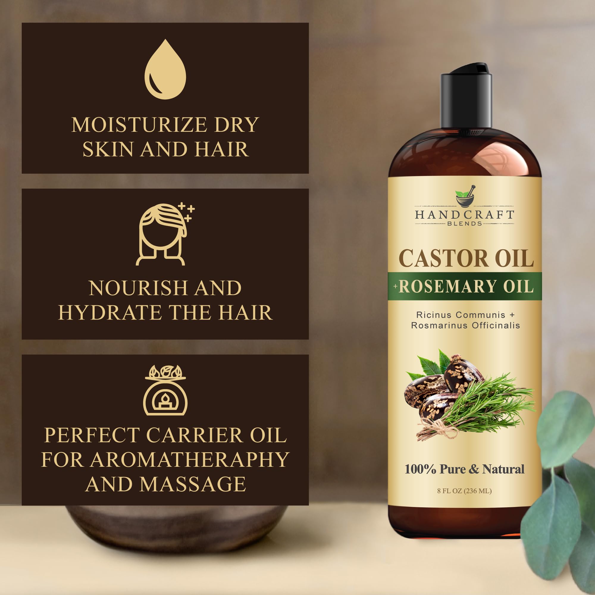 Castor Oil with Rosemary Oil for Hair Growth, Eyelashes, Eyebrows - 100% czysty i naturalny olejek nośny do włosów, olejek do masażu nawilżającego do aromaterapii, 8 fl. Oz