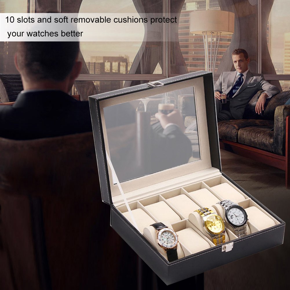 Ejoyous Boîte de montre de 10 grilles, étui de rangement de montre en cuir d'unité centrale, boîte de montre de bijoux en bois présentoir de montre pour collier de bracelet 25 X 20 X 8 cm noir