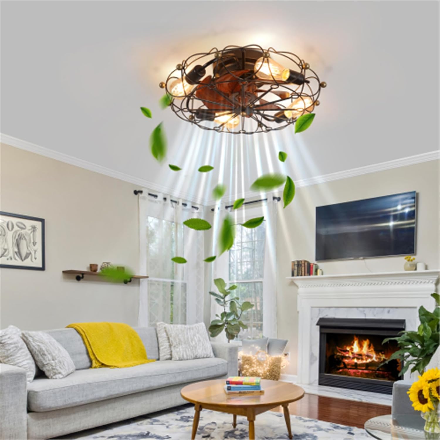 Modern black low profile cage ceiling fan with light remote control, ceiling fan light, ceiling fan with light, recessed modern industrial ceiling fan for living room bedroom dining room