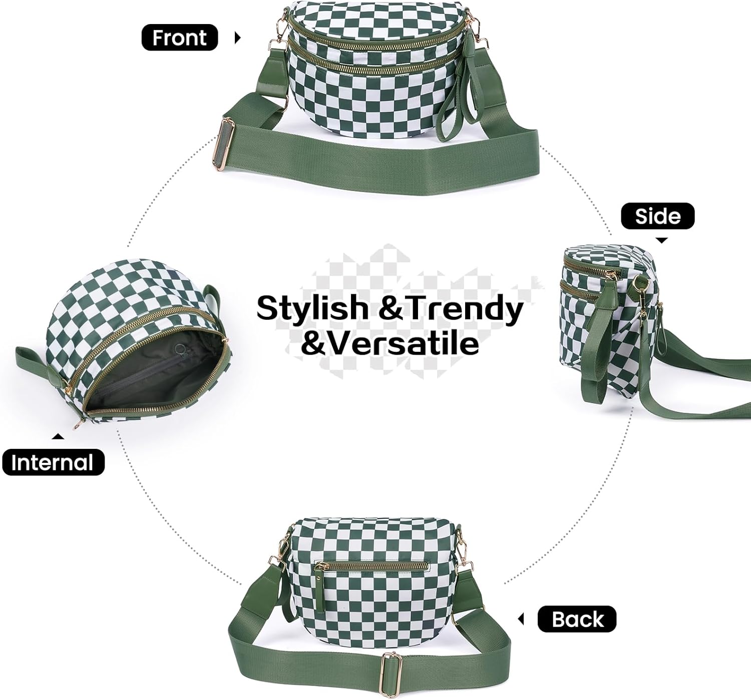 Checkered Bum Bag Crossbody Bag for Women, Spacious Purse Oversized Fanny Packs（Bean Green） - Image 4