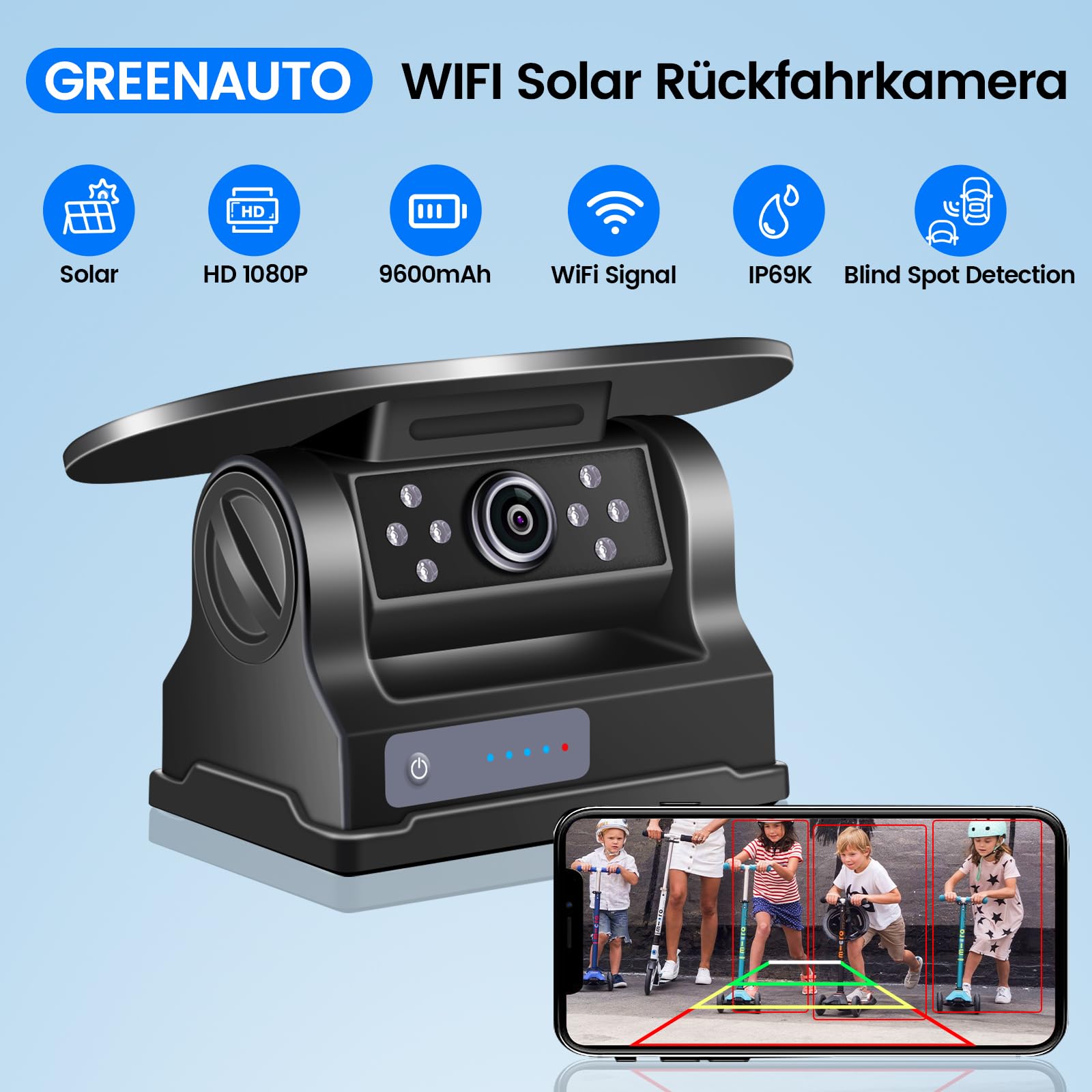 Cámara de Marcha atrás WiFi Solar, cámara de Marcha atrás magnética inalámbrica, FHD 1080P IR visión Nocturna IP69K Impermeable, para iPhone Android, Ayuda de Aparcamiento, Autocaravana