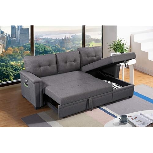 Lilola Home Ashlyn 84-inch Wide Dark Gray Linen Fabric Reversible Sleeper Sectional Sofa with USB Charging Ports – Convertible Pull-Out Bed, Storage Chaise, Side Pockets, and Medium Firm Cushioning