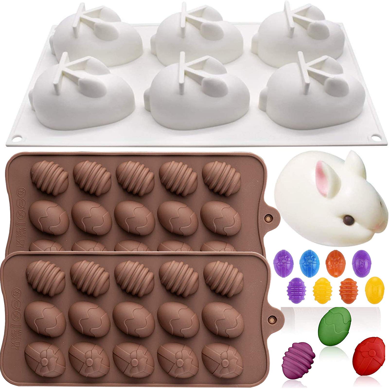 3 Pack Easter Molds Silicone Set 6-Cavity 3D Bunny Mold 15-Cavity Easter Egg Mold Rabbit Egg Shaped Silicone Mold Easter Chocolate Molds Cake Baking Mold Egg Tray Mould for Candy Jello Ice Cube Soap