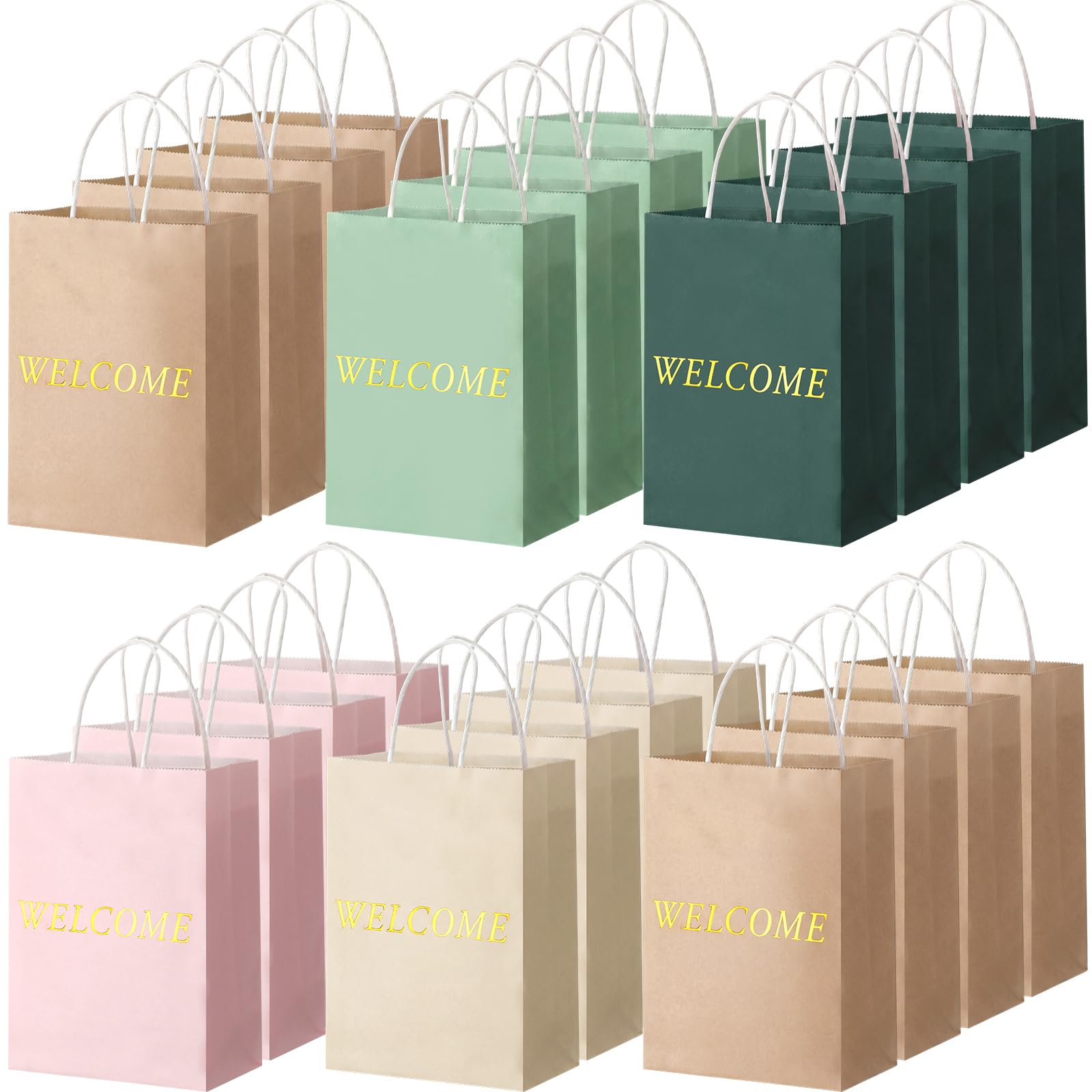 Jexine 100 bolsas de regalo de bienvenida de 5.9 x 3.1 x 8.1 pulgadas, bolsas de bienvenida de papel kraft para bodas, invitados de hotel, visitantes de la iglesia, compras al por menor (verde salvia)
