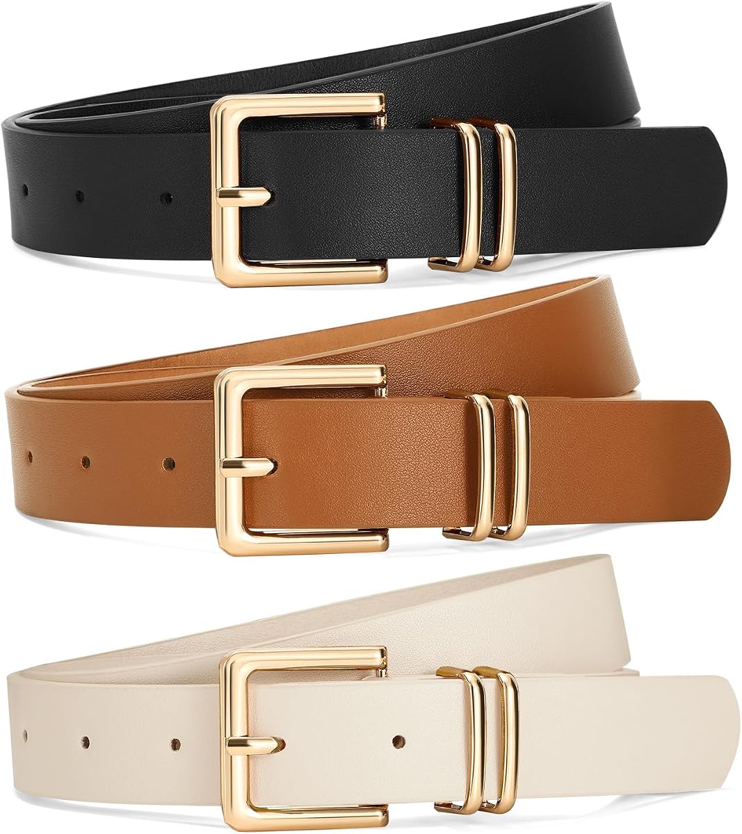 Paquete de 3 cinturones de cuero para mujer para pantalones vaqueros, vestidos, cinturón de moda para mujer con hebilla cuadrada dorada