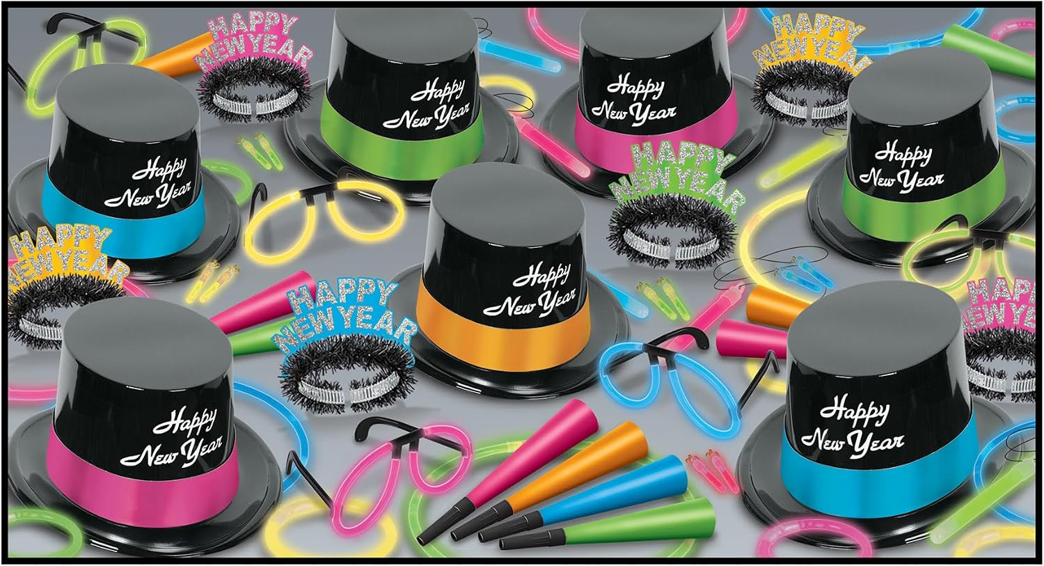Beistle Neon Glow Legacy New Year's Eve Assortment for 50 People Party Favors and Supplies, NYE Photo Booth Props, Made in USA Since 1900, One Size, Multicolor