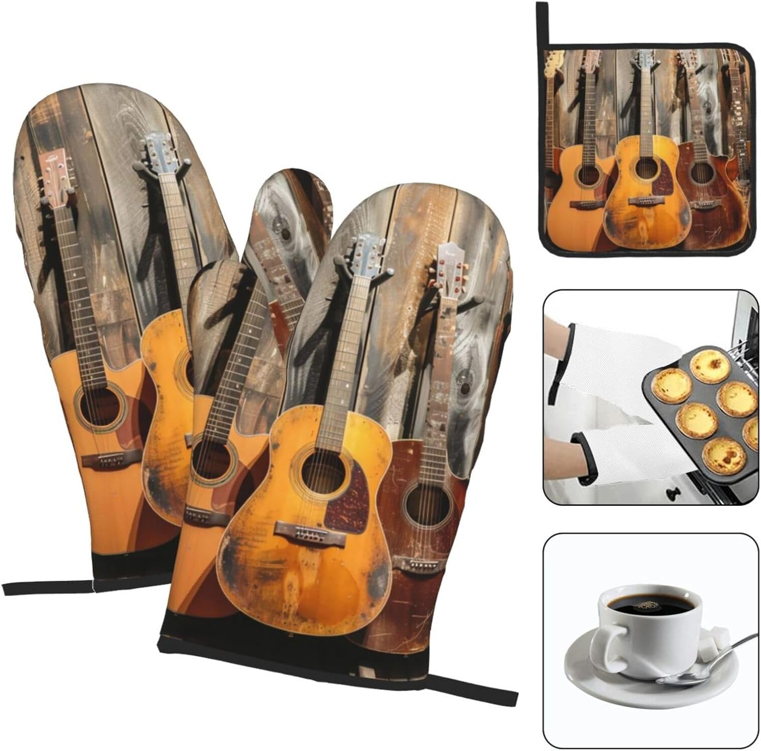 Oven Mitts and Pot Holders, Guitar Collection, Heat Resistant Microwave Gloves Safe for Baking, Cooking, BBQ, Pack of 3