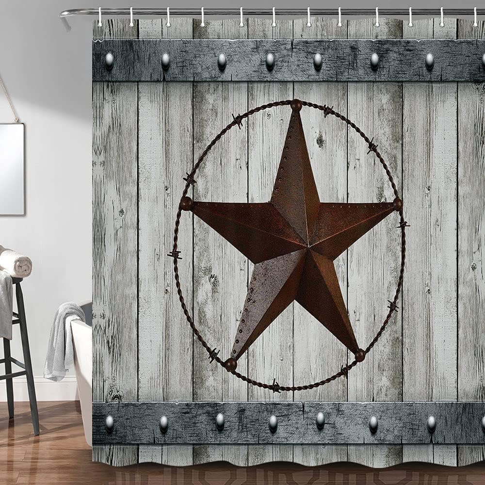 JAWO Rustic Barn Door Shower Curtain Set Southwestern Gray Wood Western Star Themed Bathroom Decoration,Vintage Farmhouse Bath Accessory Decor,Waterproof Fabric Cloth Curtains,Hooks Included