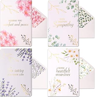 20 Floral Sympathy Cards with Envelopes, 4 x 6 in Assorted Watercolor Floral & Gold Foil Condolences Cards, Bulk Boxed Set of Bereavement Greeting Cards Pack