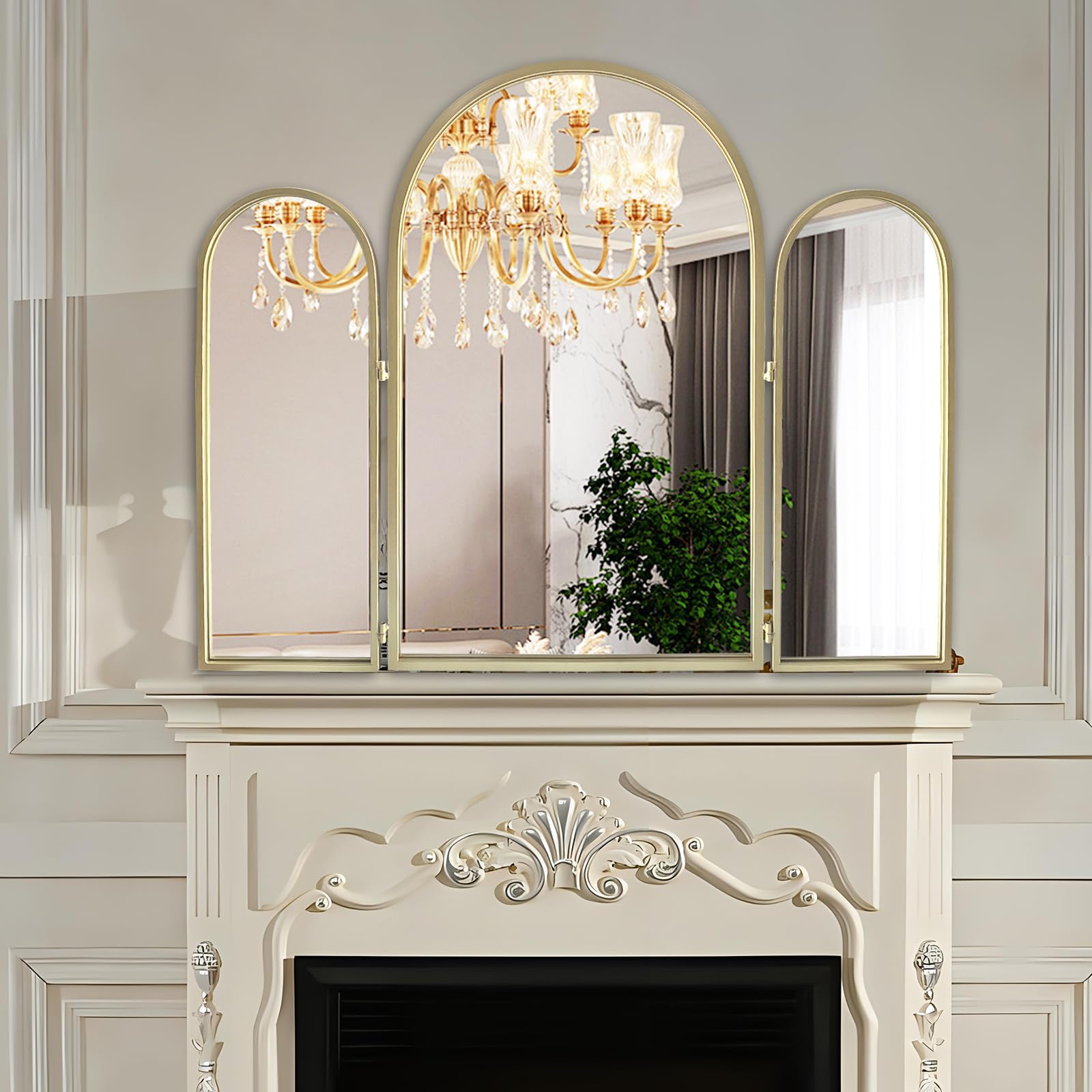 BAODANFU Dreifach gefalteter Kosmetikspiegel, 3 Wege, 76,2 x 94 cm, verstellbare Kosmetikspiegel für Badezimmer, Schlafzimmer, Champaign Golden Arch Spiegel, Wandmontage, Dekoration, Flechthaare,