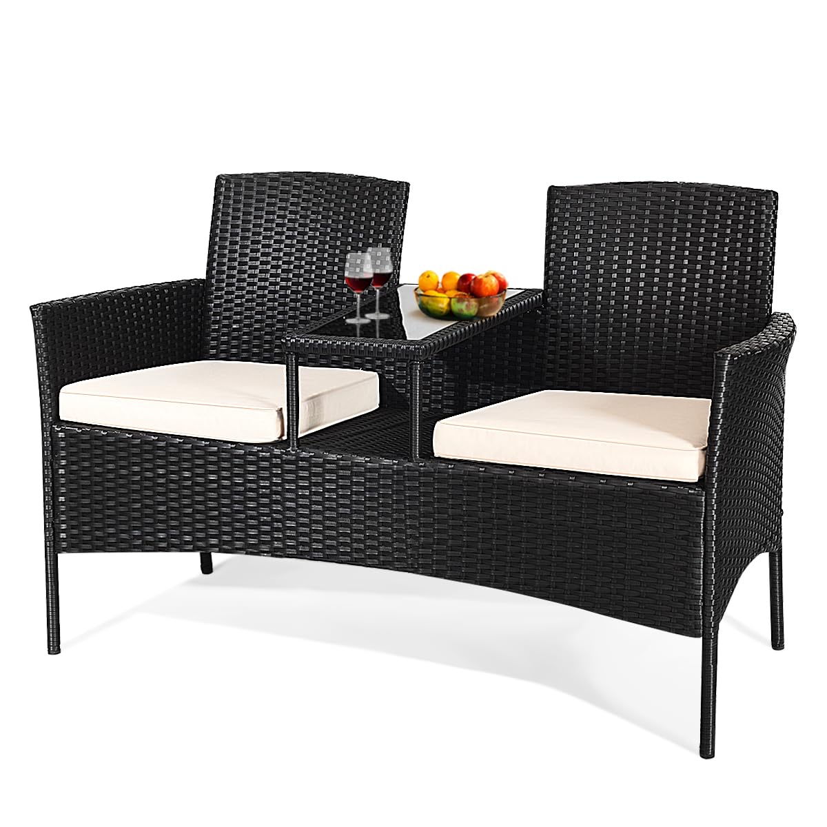 LIFEZEAL Panca doppia in rattan, poltrona da giardino per 2 persone, con tavolino in vetro temperato, sedia divano a 2 posti con cuscini, mobile di conversazione per balcone patio