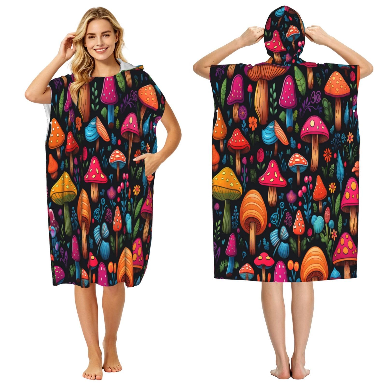 KLGRTJHK Colourful Mushrooms Adult Hooded Beach Poncho Towel 43"X35"