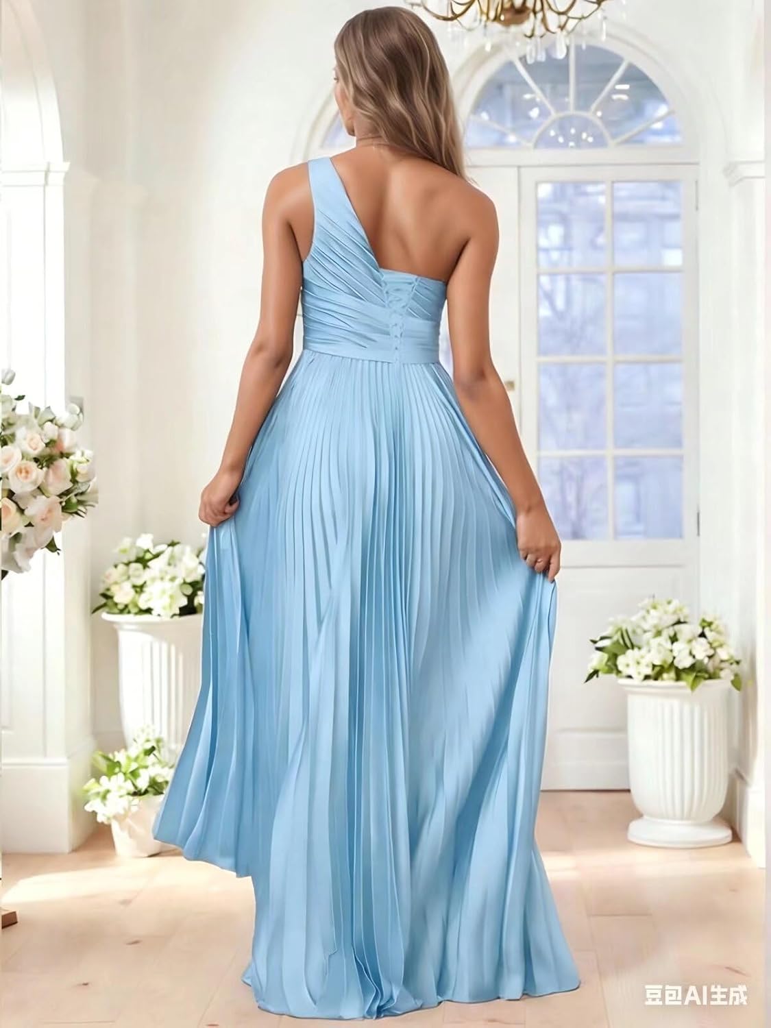 One Shoulder Pleates Bridesmaid Dresses with Slit for Women Pleated High Low Long Formal Wedding Guest Dress