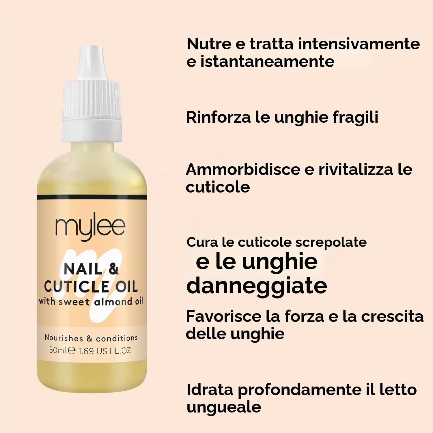 Mylee Olio per Unghie e Cuticole alle Mandorle Dolci 50ml – Olio Balsamo Profondamente Idratante e Nutriente, Formula non Grassa e Senza Residui, Non Unge, Delicatamente Profumato