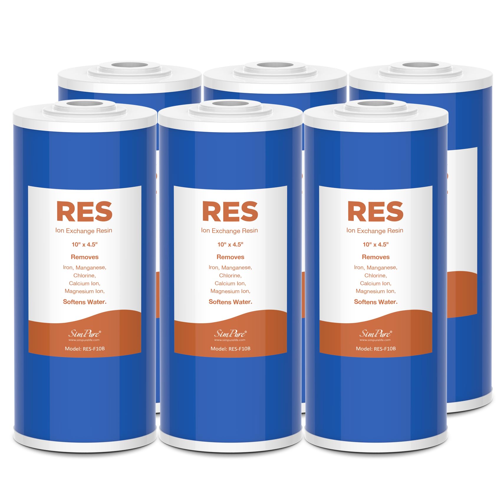 SimPure Whole House Water Filter Cartridges 10" x 4.5" Cation Exchange Resin Water Softening Filter, for DB10P, DB10C, 6 Pack
