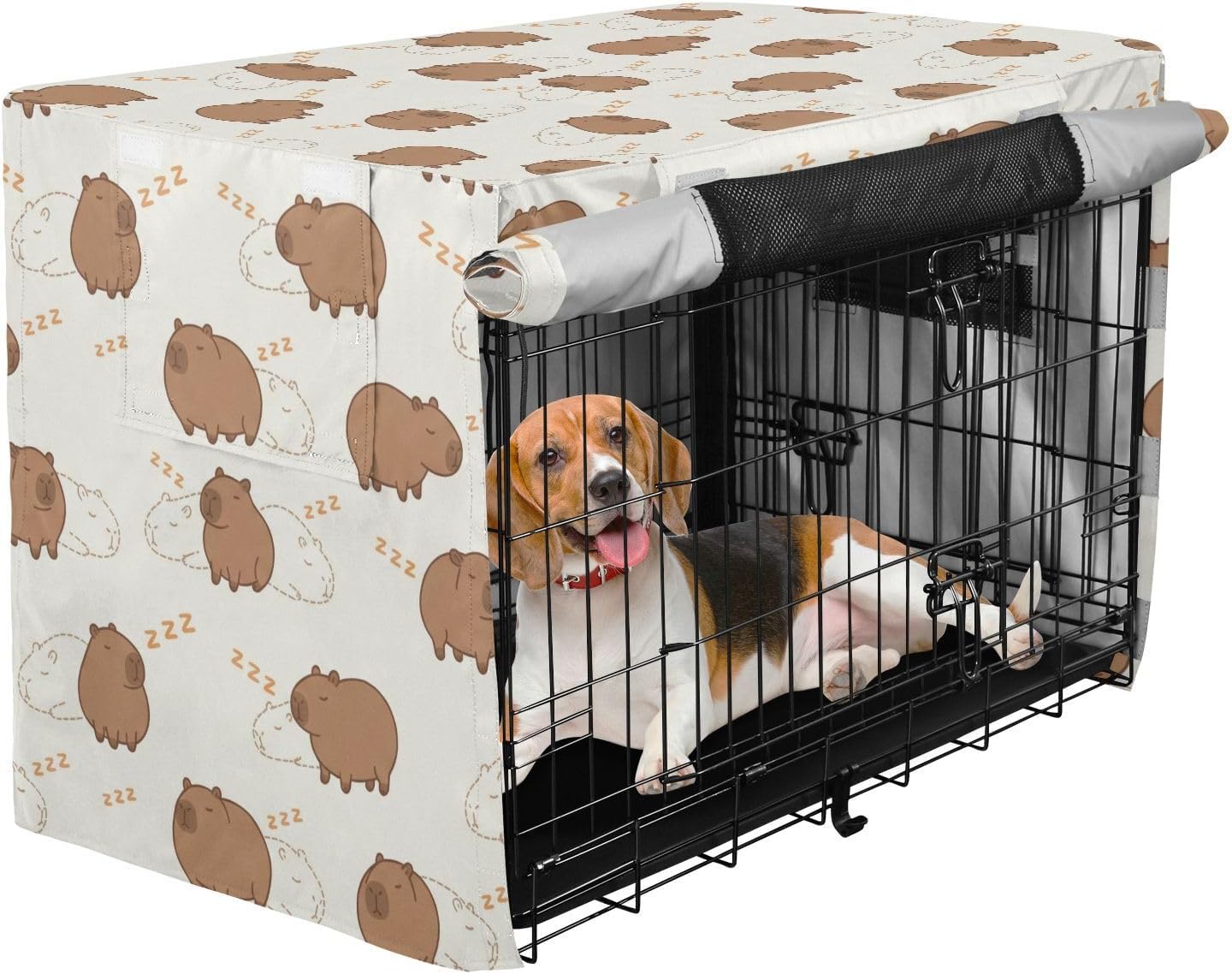 Duty 600D Silver Coated Dog Crate Cover, Water-Resistant Capybaras Print Pet Kennel Canopy with Mesh Windows for Optimal Ventilation, Universal Fit for Standard Wire Cage, Indoor & Travel