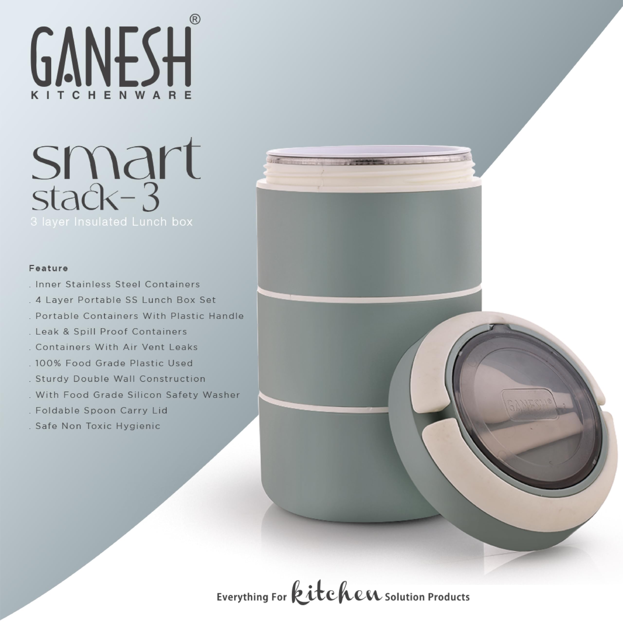 Ganesh Smart Stack 3 Layer Protable Lunch Box Stainless Steel Airtight Leak-Proof Lunch Box for Office, School, Picnic -Brown, 1200 Milliliters — Amazon image 5