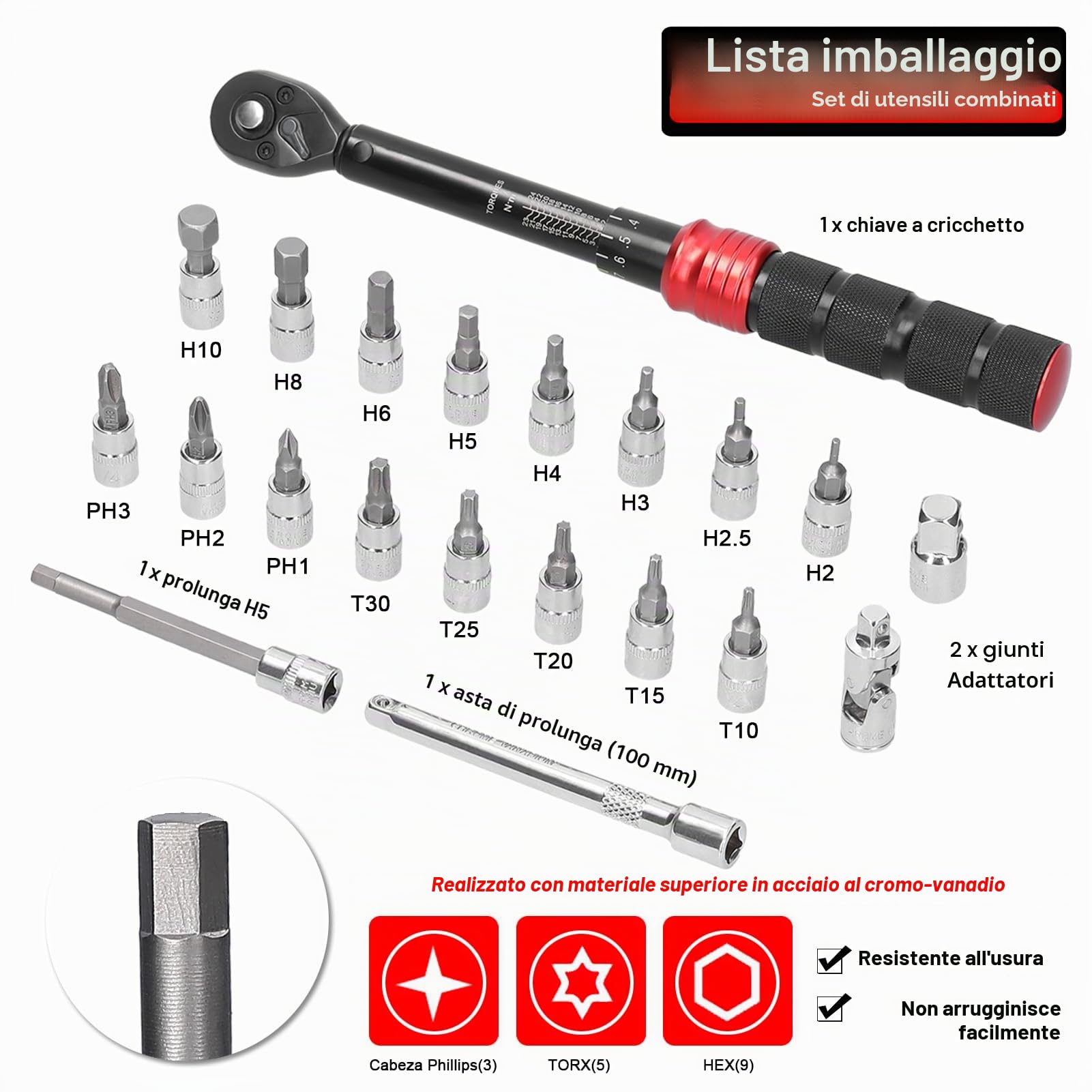 Hancaner Set di Chiavi a Cricchetto, 1/4, 2-24 N.m, Chiave Dinamometrica con Precisione ±3%, Strumenti di Riparazione Moto/Bici/Auto e Pratici da 21 Pezzi