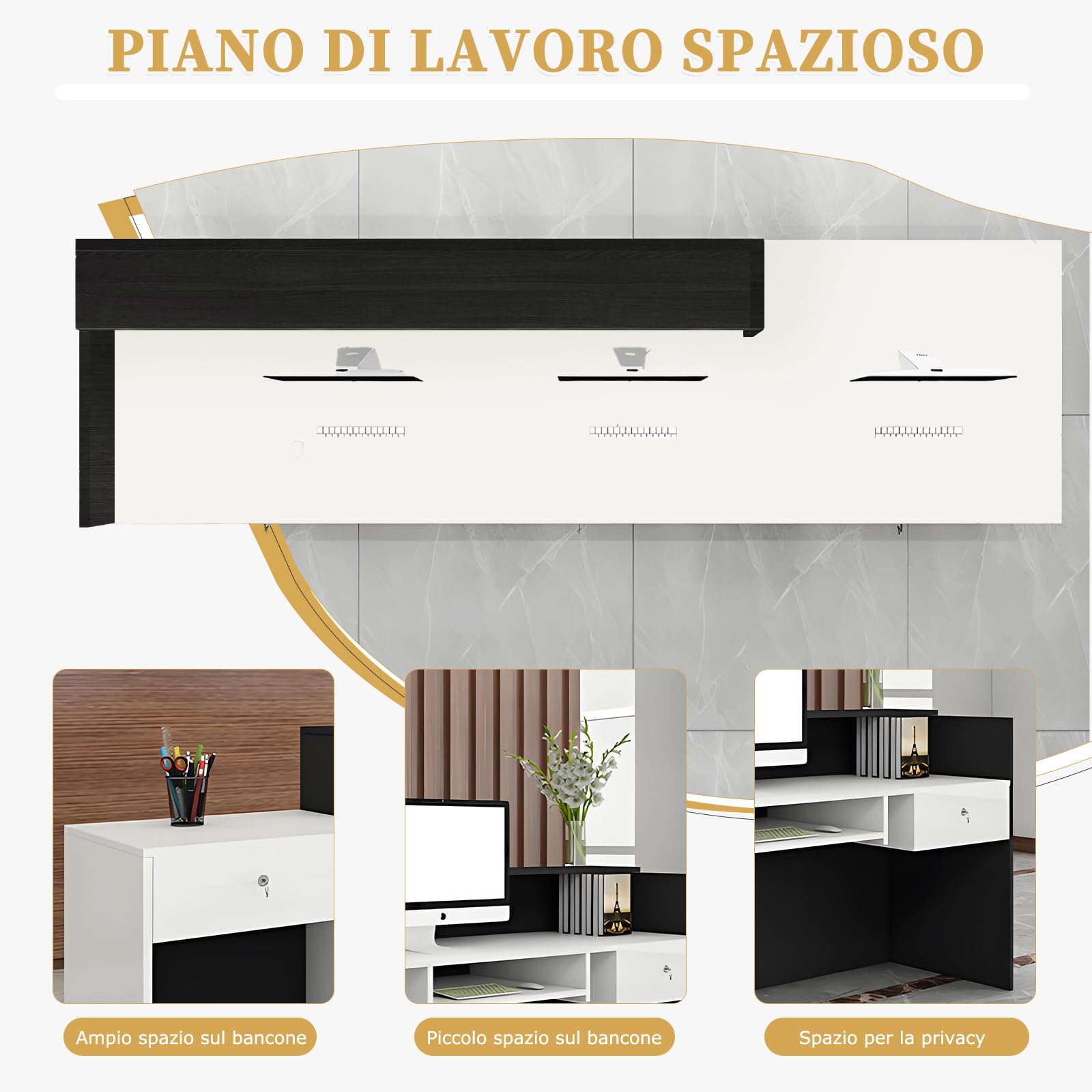 Bancone Reception, Banco Reception con Cassetto e Ripiani Aperti, Banconi Reception da 100–240 cm, Moderno per Ufficio, Adatto per Saloni, Yffici, Hall, Negozi al Ddettaglio