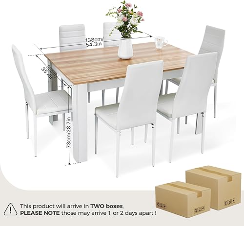 Miniatura 4 de Juego de 6 mesas y sillas de comedor, juego de mesa de cocina de 7 piezas con respaldo alto y silla de piel sintética para comedor, cocina, Mesa