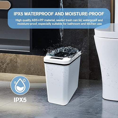 Miniatura 6 de Basurero de baño de 2.7 galones con sensor de movimiento con tapa, bote de basura inteligente blanco delgado, impermeable, sin contacto, para baño,
