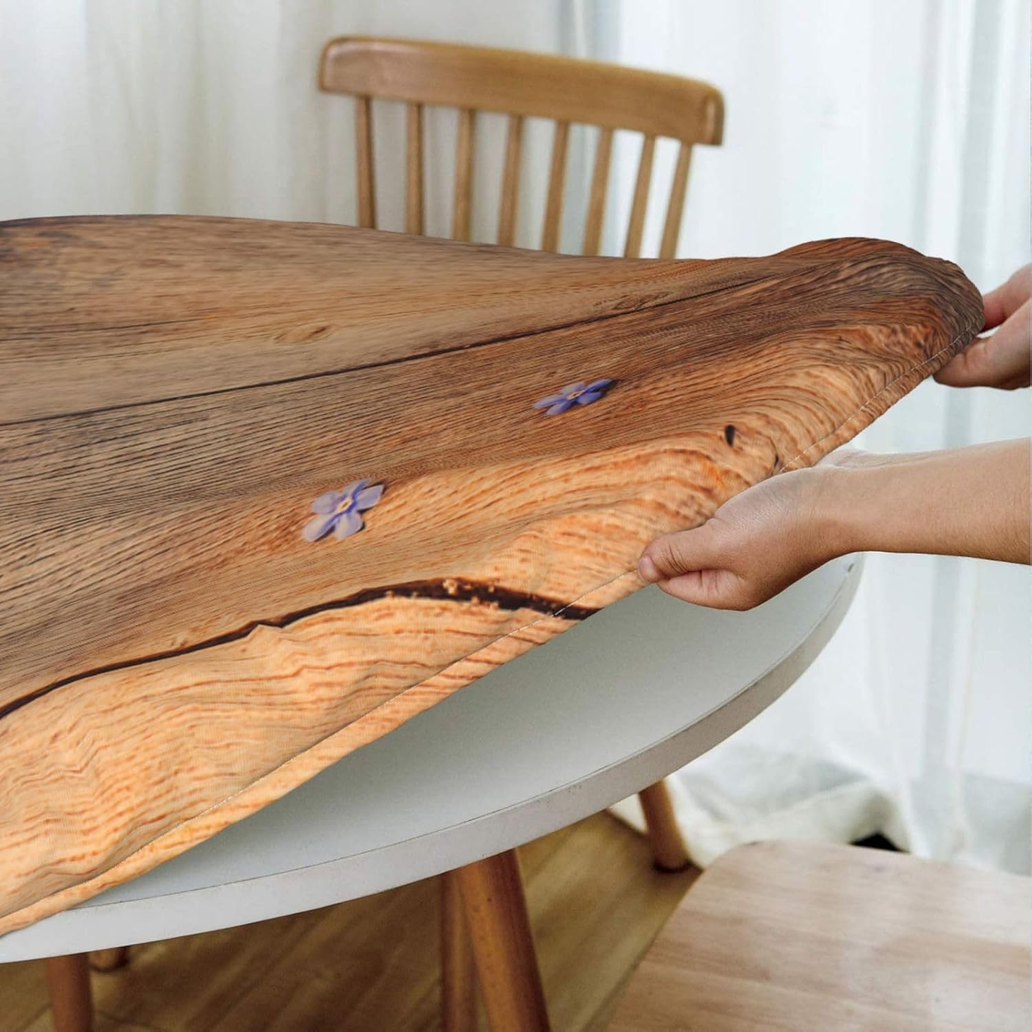 Spring Flowers On Wooden Elastic Fitted Edged Round Tablecloth Waterproof Soft Polyester Table Cloth Washable, for Banquet Home Indoor or Outdoor, Tablecloth Size 70"(Fit for 58.2"-62.1" Table)