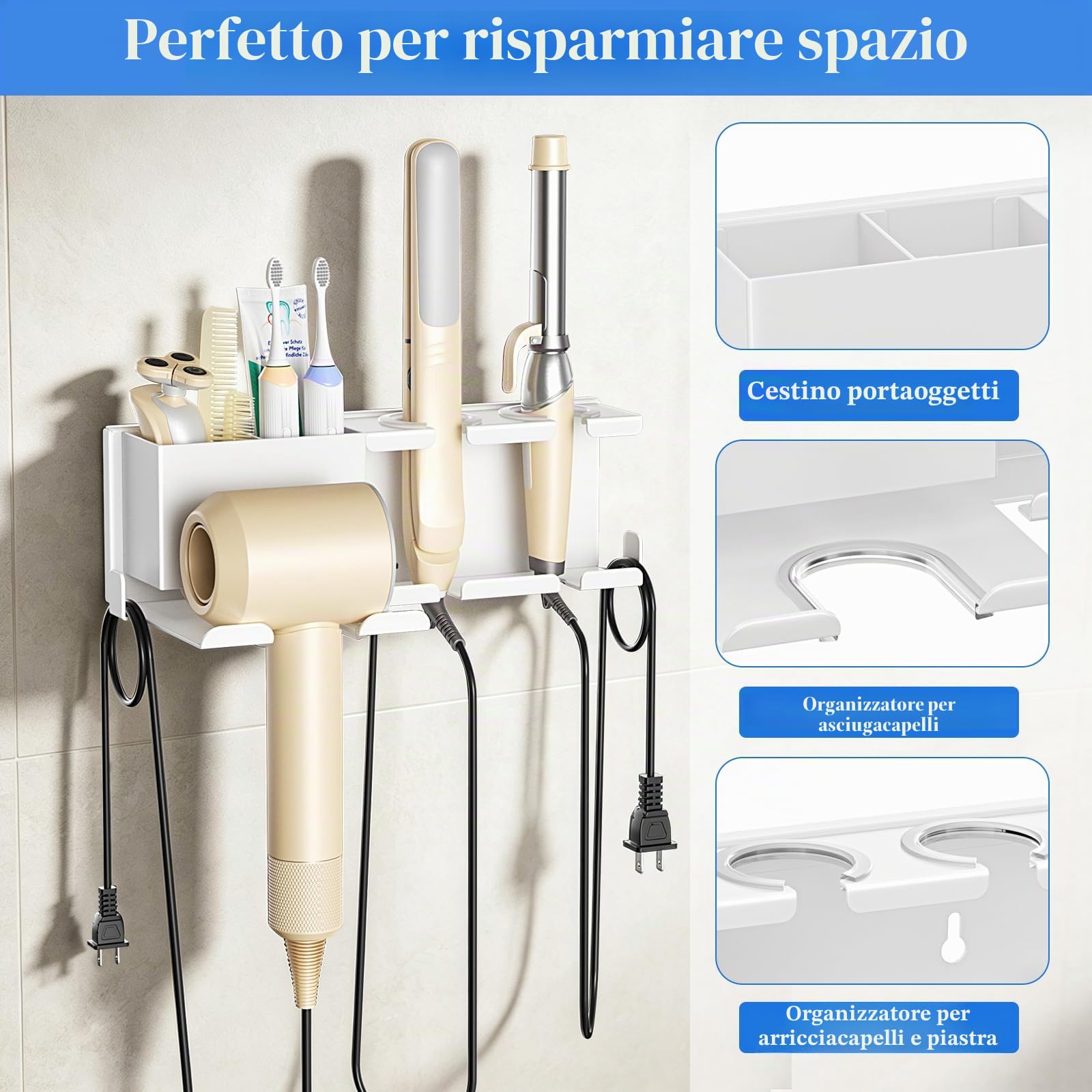Porta Phone Bagno da Muro, Porta Piastra per Capelli Bianco | Metallo Di Alta Qualità, con Vano Portaoggetti Per Il Supporto Per Arricciacapelli E Piast