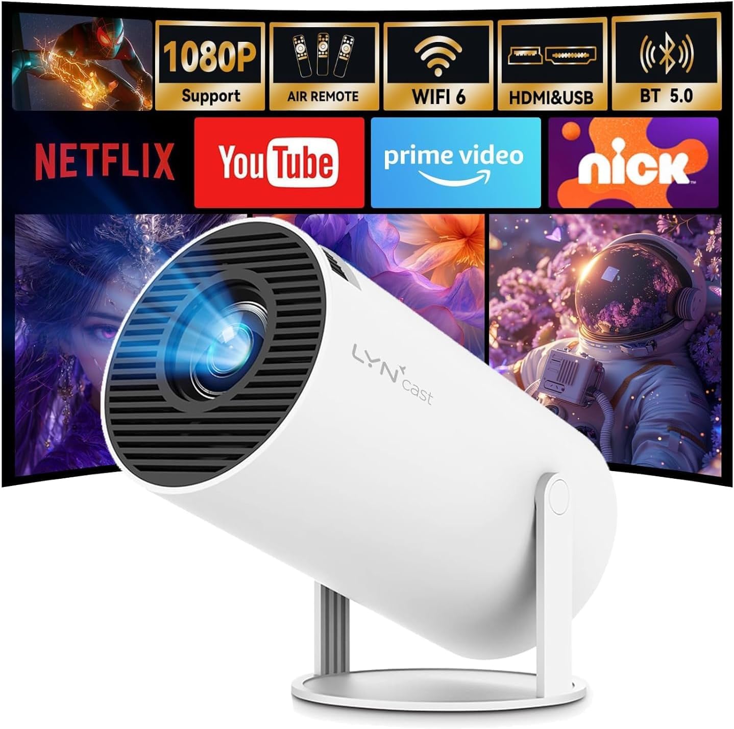Android TV: 270° Rotation Mini Projector with Bluetooth and WiFi 6, Auto Keystone Portable Projector 1080p 4K Compatible with HY300pro Projector for Phone/TV Stick/HDMI/PS5/IOS (B44)