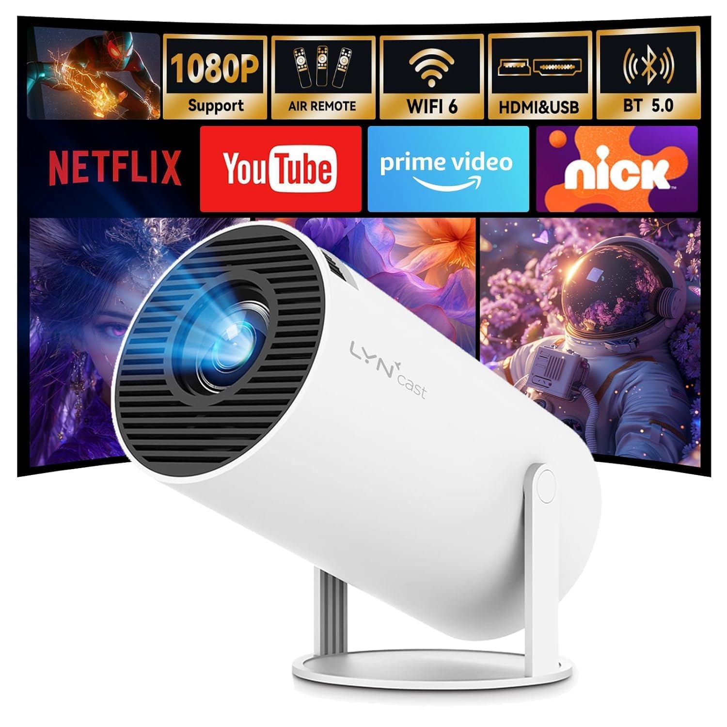 android tv: 270° rotation mini projector with bluetooth and wifi 6, auto keystone portable projector 1080p 4k compatible with hy300pro projector for phone/tv stick/hdmi/ps5/ios (pns-p33)
