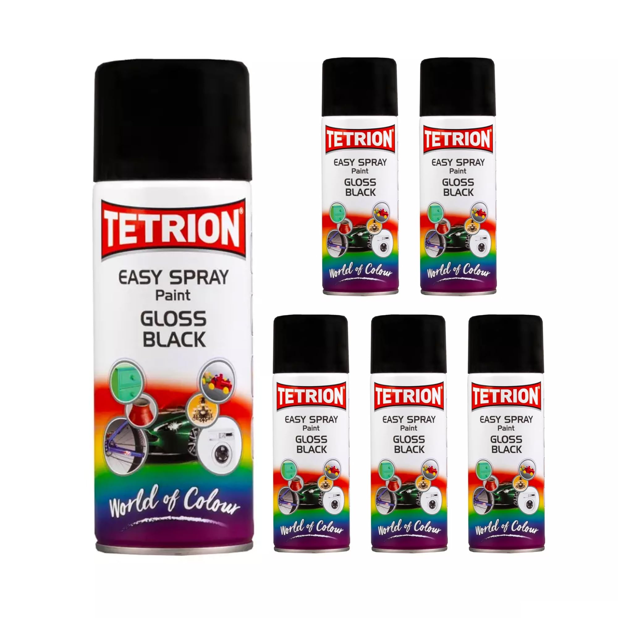 Tetrion Easy Spray Paint – Gloss Black 400ml (Pack of 6) - All-Purpose Fast Drying Acrylic Spray for Wood, Metal, Plastic, Ceramic &amp; More, Smooth Base Coat - Indoor &amp; Outdoor Use, 13.5 Oz