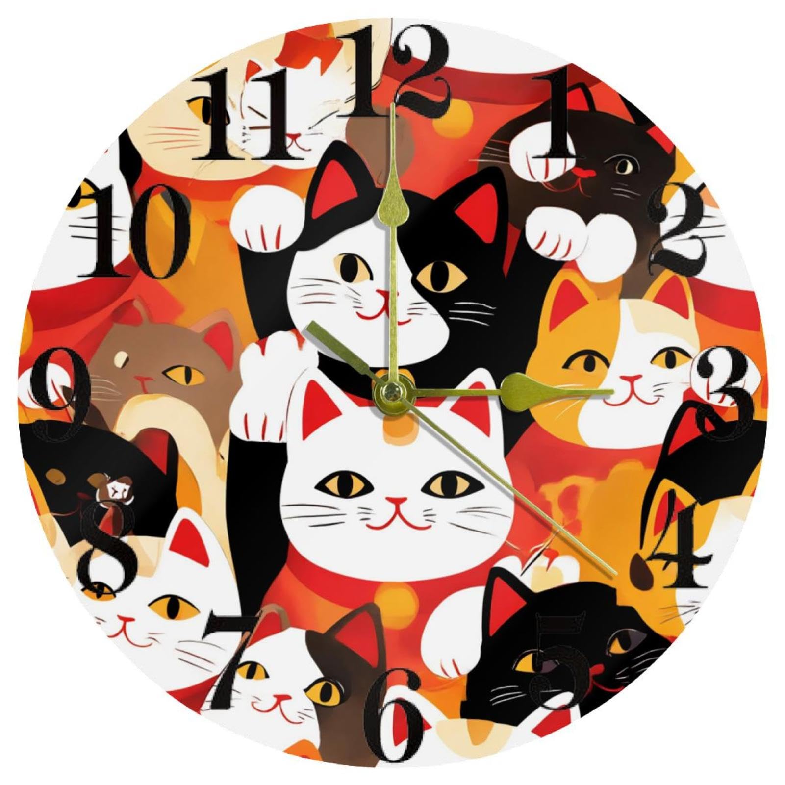 Horloge murale colorée Maneki Neko anti-bruit pour chambre d'enfant et bureau calme