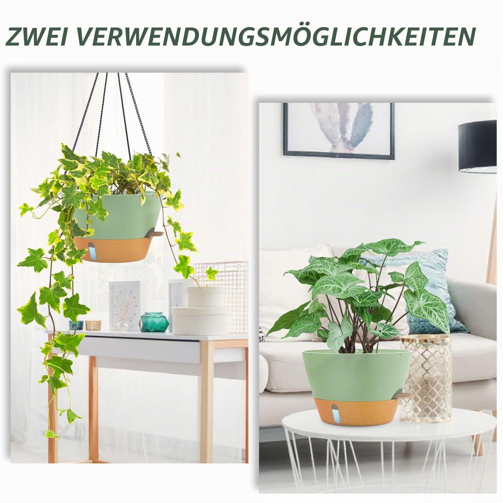 ZMTECH 30cm Selbstbewässernder Pflanztopf Hängend, 2er-Set, Blumentopf mit Untersetzer, Wasserstand-Fenster & Drainagelöchern für Innen- und Draussen, Grün