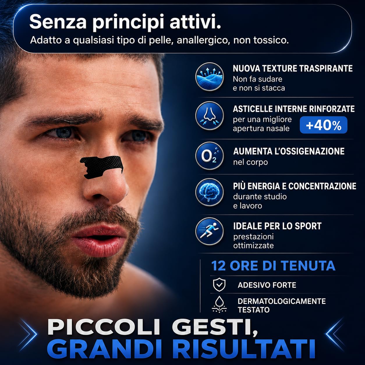 60pz Cerotti Nasali Antirussamento per Sport, Respira Bene, Dormire Meglio, Tenuta Forte, Asticelle Rinforzate, Antisudore, Giorno e Notte, per Uomo, Donna, Bambino, Dilatatore Nasale