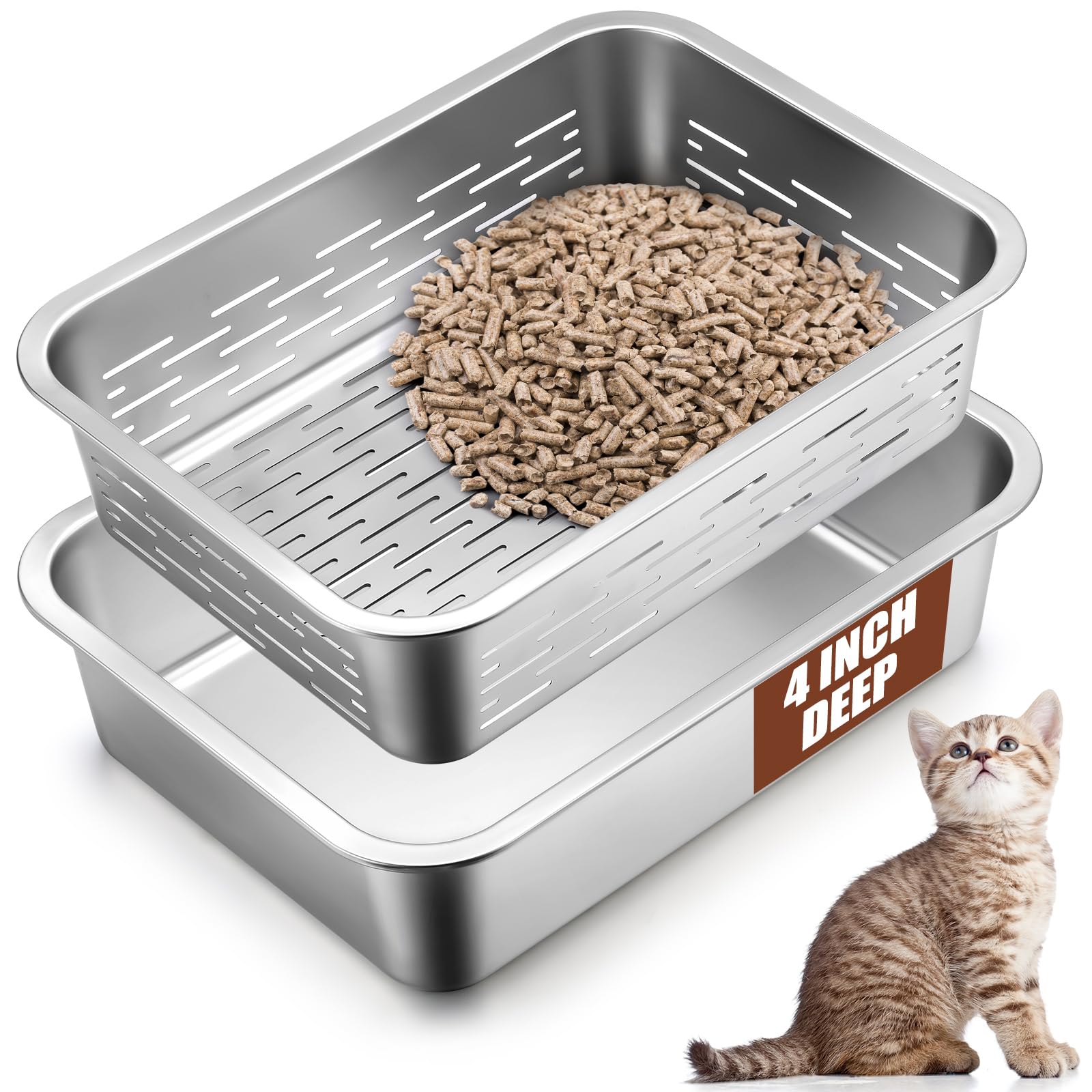 Soulchen 15.7" x 11.8" x 4" Stainless Steel Sifting Litter Box for Kitten Small Litter Pan System for Pine Pellets for Bunny Guinea Pig Hamster, Less Tracking, Odor Control, Low Dust, Easy Cleaning