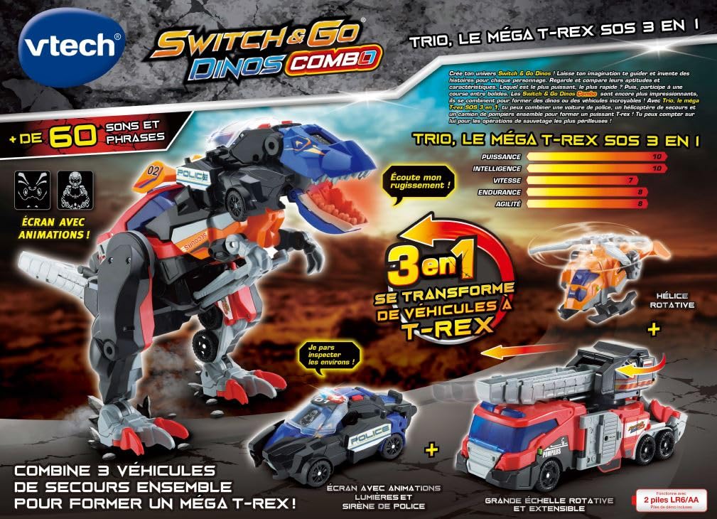 VTech - Switch & Go Dinos Combo, Dinosaure Sonore Trio, le Méga T-Rex SOS 3 en 1, Voiture de Police, Camion de Pompiers, Hélicoptère, Jouet Dino Articulé, Cadeau Enfant Dès 4 Ans - Contenu en Français