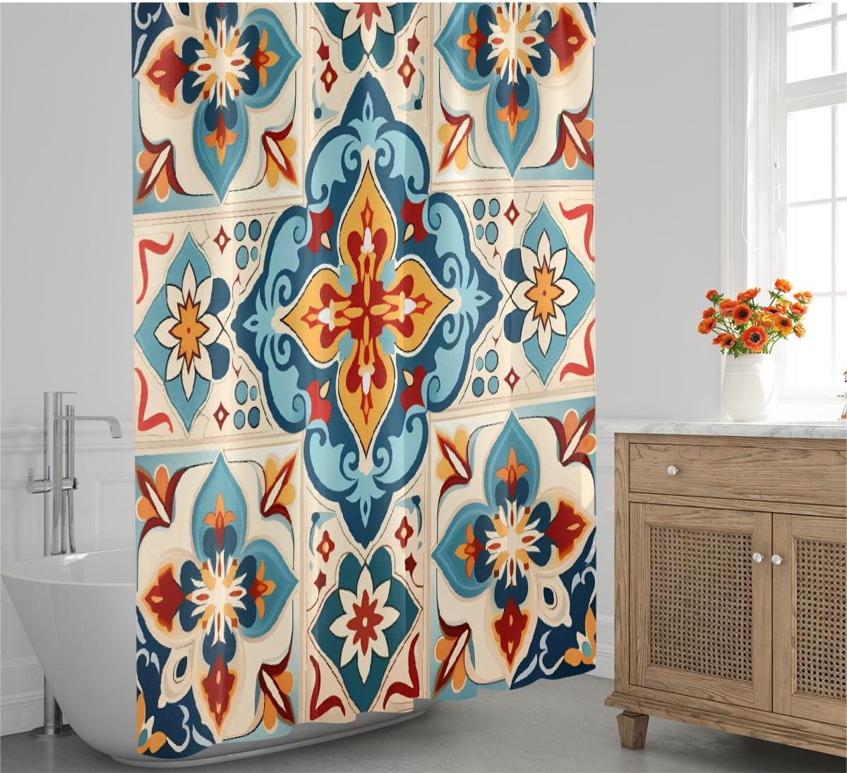 Bohemian Ethnic Flower Waterproof Fabric Shower Curtain with Grommets and Hooks, Fast-Drying Privacy-Protecting Decorative Bathroom Curtain 72 x 72 in