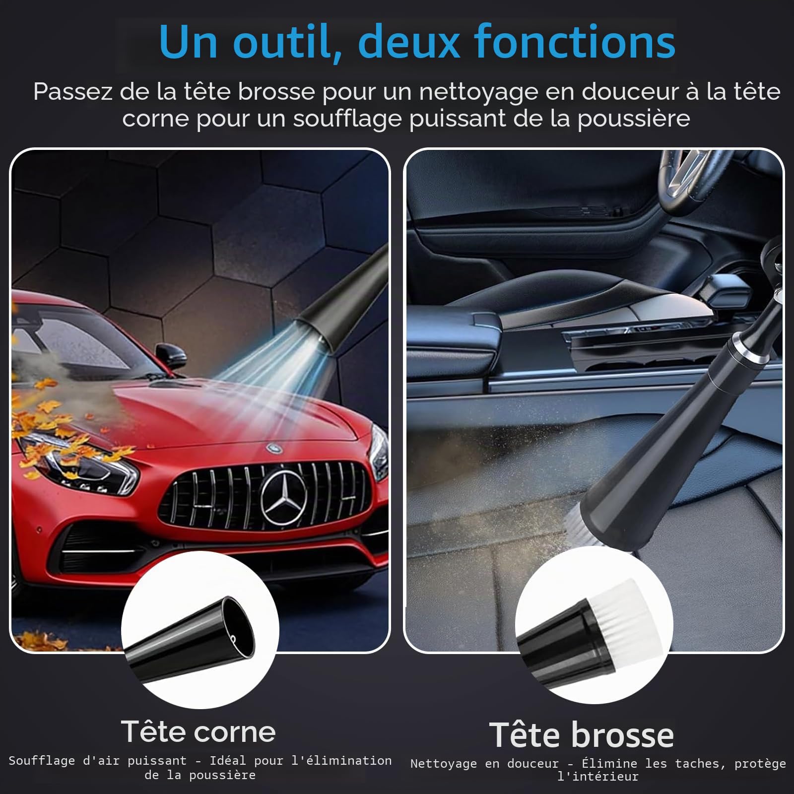 Pistolet de Nettoyage à Air Comprimé pour Auto - Souffleur Haute Pression avec 2 Buses pour Sécher et Nettoyer - Pour Sièges, Moteur, Jantes et Habitacle - Élimination Rapide de Saleté et Poussière