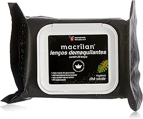 Lenço Demaquilante Macrilan - Chá Verde, 25 Lenços, Remove Maquiagem à Prova D'Água, Hidratação Suave