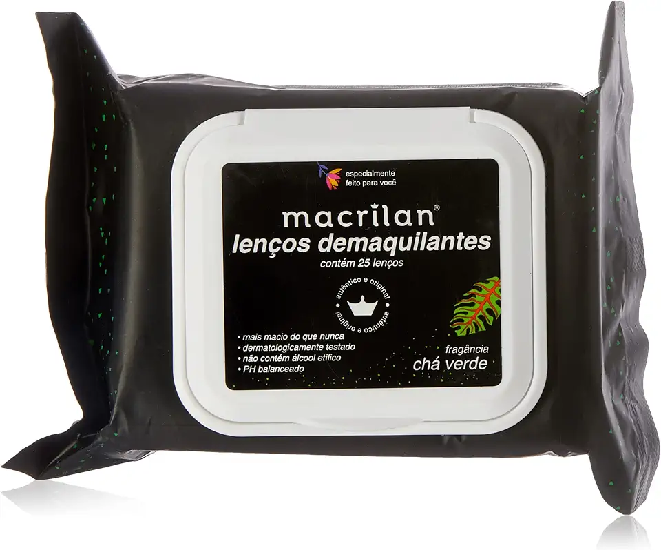 Lenço Demaquilante Macrilan - Chá Verde, 25 Lenços, Remove Maquiagem à Prova D'Água, Hidratação Suave