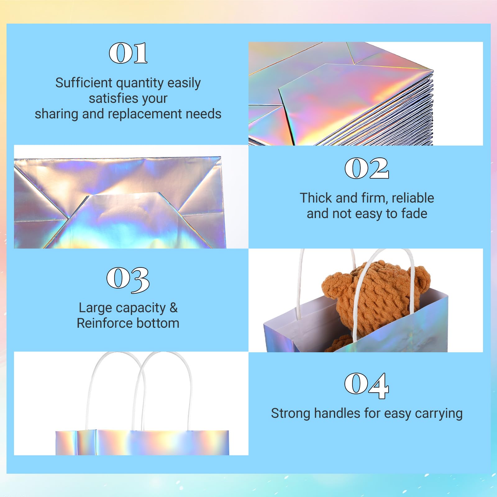 IMengjbang 40 Pcs Iridescent Gift Bags with Handle, 8.3 x 5.9 x 3.1 Inch Holographic Glossy Paper Goodie Bags Reusable Glitter Party Favor Tote for Birthday Wedding Bachelorette Party Boutique