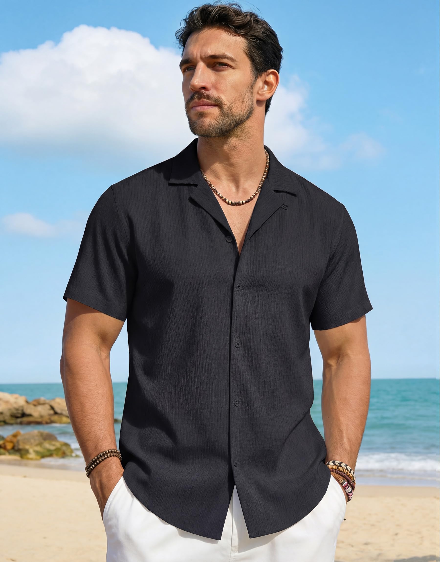Cavva Chemise à manches courtes pour homme Guayabera cubaine décontractée boutonnée chemise d'été chemise de plage respirante