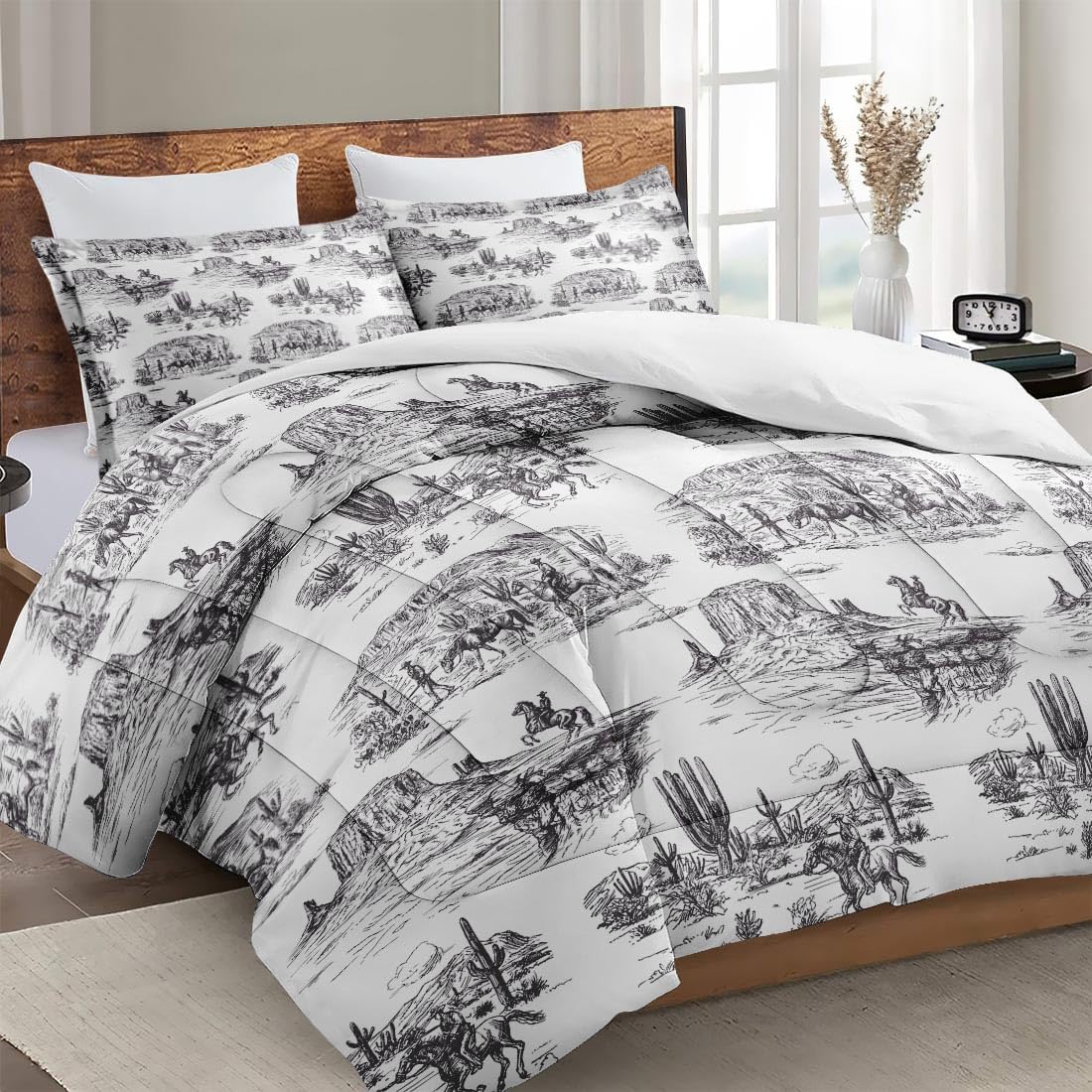 WeCozy Twin Size Comforter Set with Pillowcase, American Desert Cowboy Soft 2 Pcs Bedding for Kids and Adults, Vintage Horse Mountain Western Comforter Set for Room Bedroom Bed Decor
