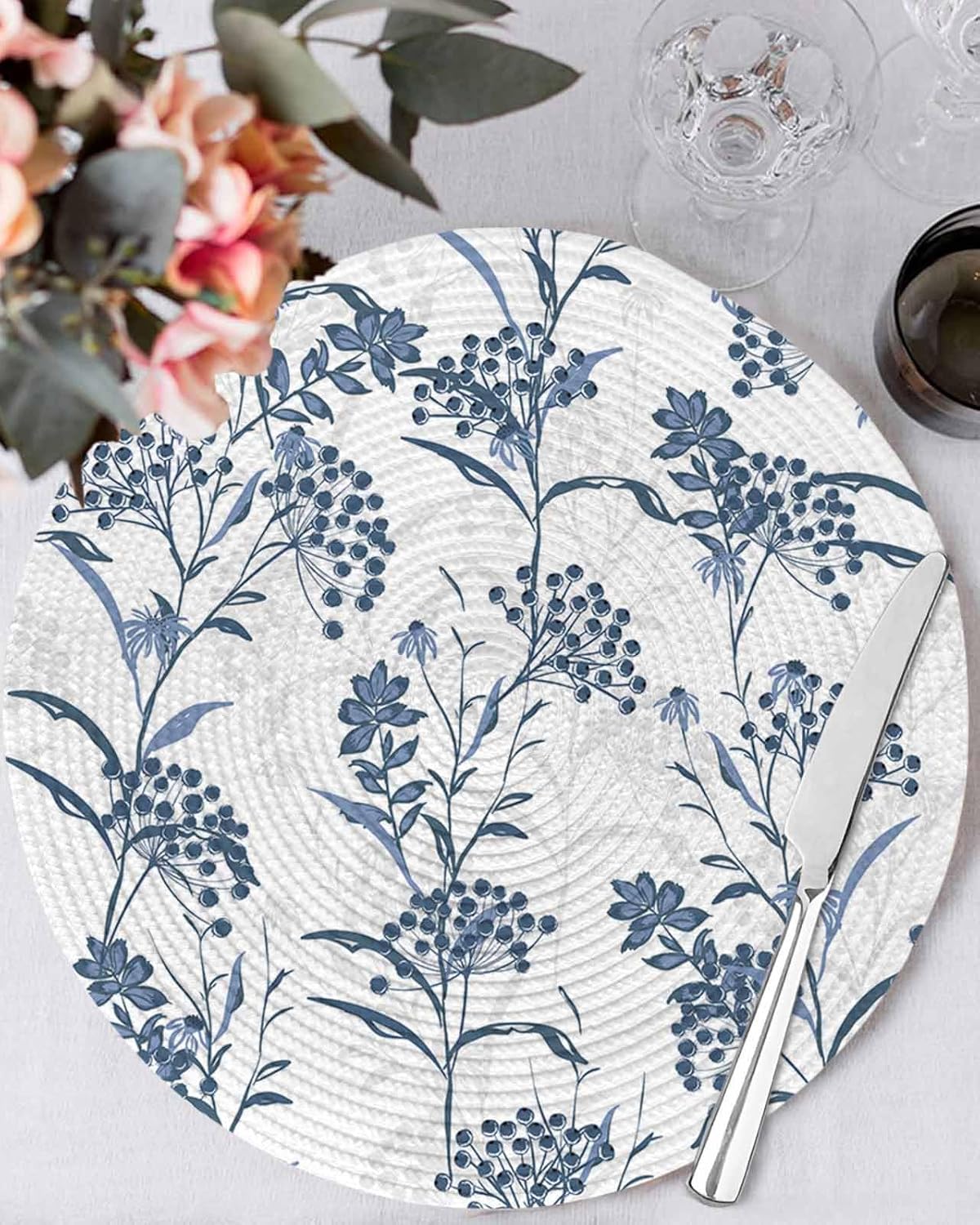 Round Placemats Set of 4 Spring Floral Place Mats Washable Woven Placemat Blue Berry Fruit Leaves Plant Circle Braided Heat Resistant Table Mat for Kitchen Dining Table Party Decor 15 Inch