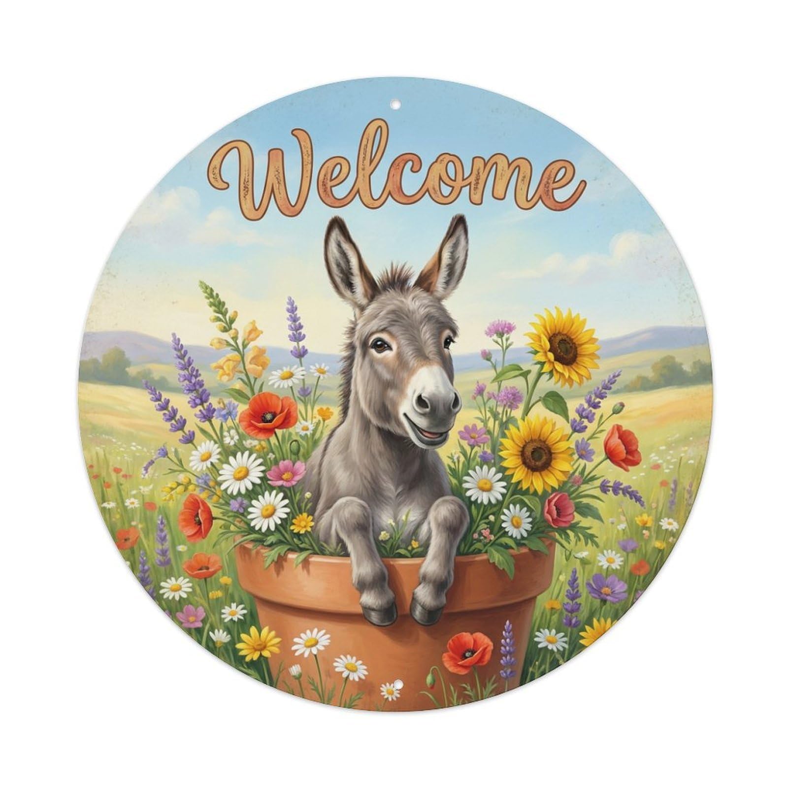 Metal Tin Sign Welcome Donkey Sunny Meadow