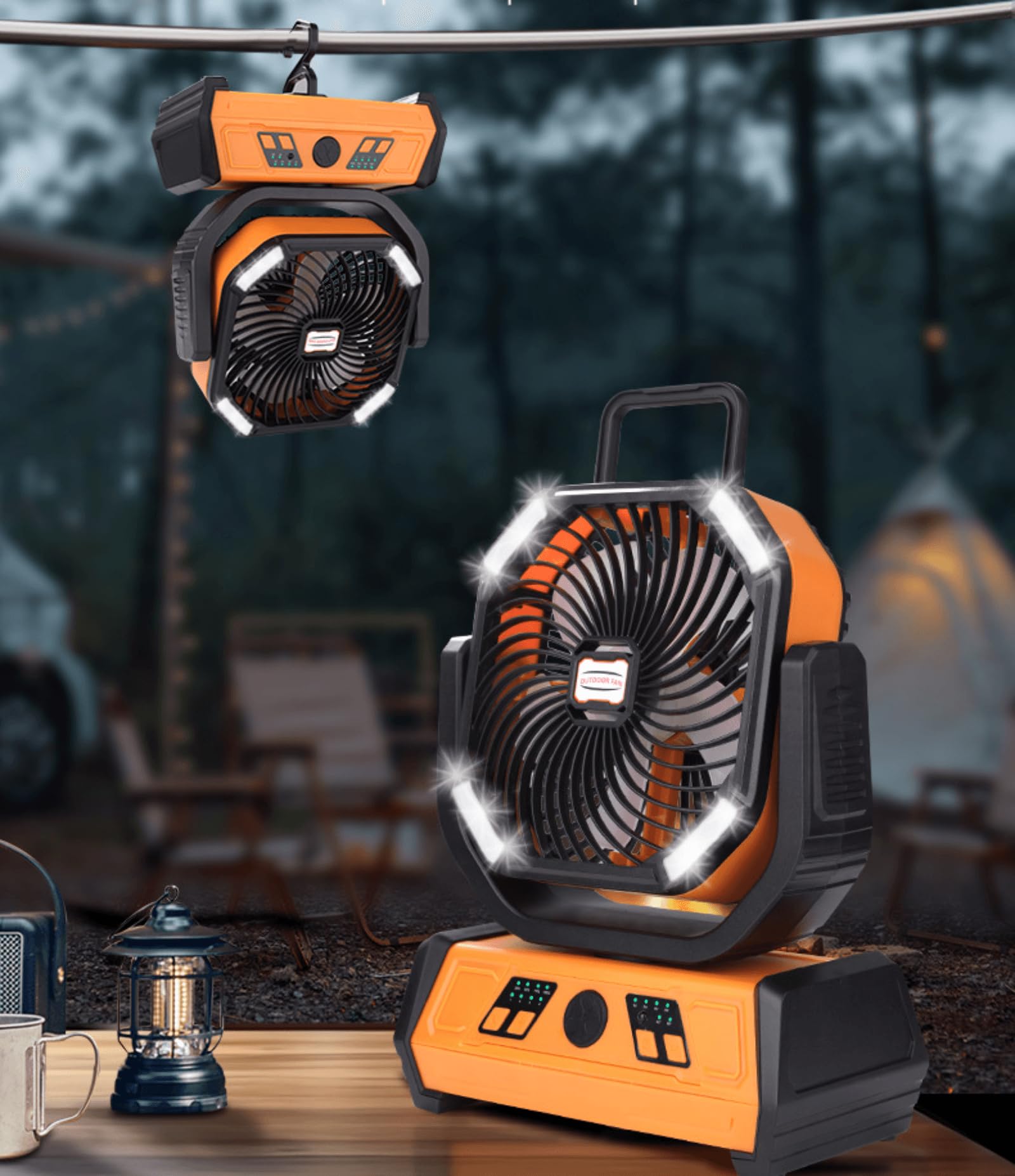 Ventilatore da campeggio ricaricabile con lanterna a LED e telecomando, alimentato a batteria da 20000 mAh, gancio per tende, 4 velocità, timer, ventilatore (green)
