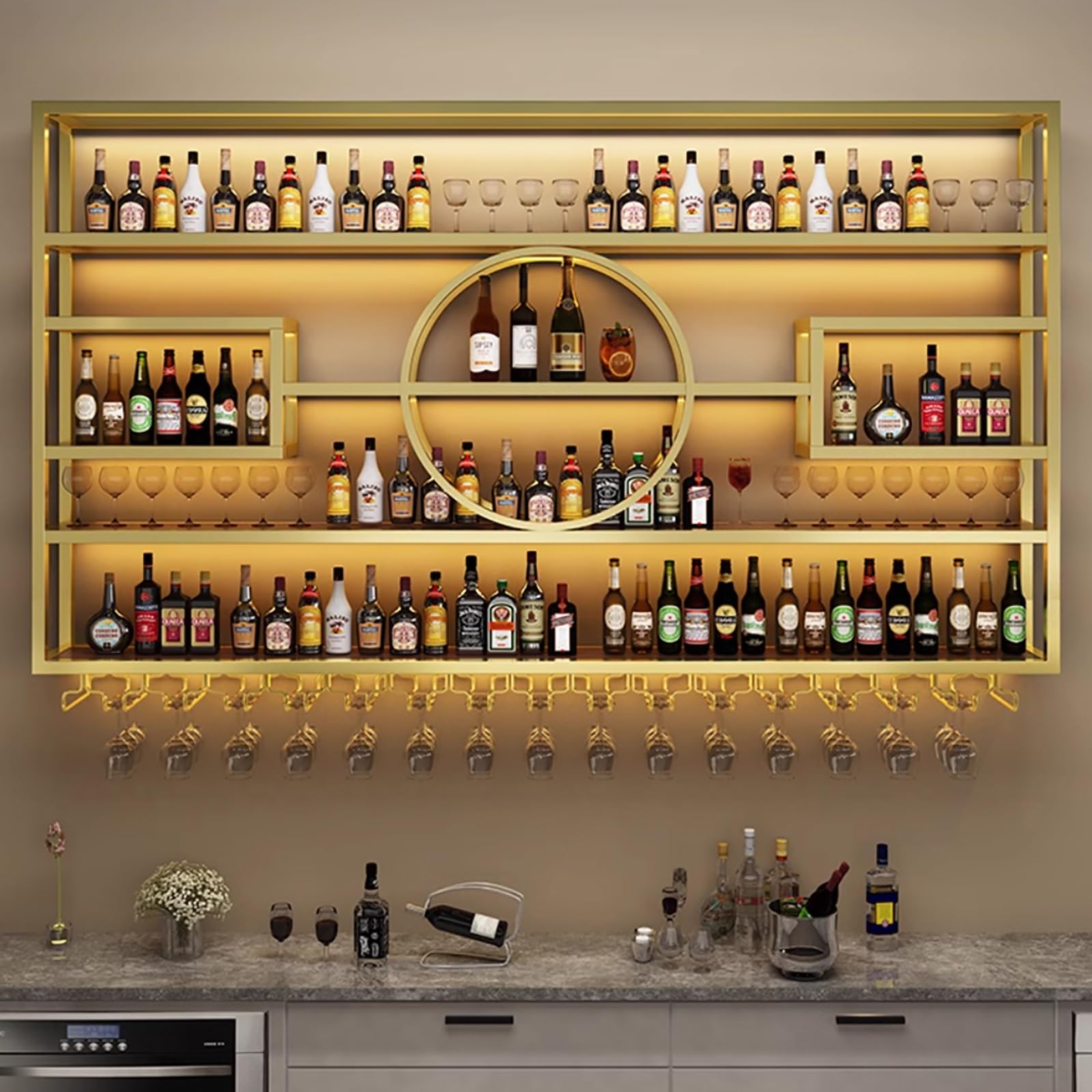 Estante de Bar para vinos de Pared con Soporte para Copas y luz LED, estantes flotantes, Estante de Hierro para exhibir Botellas de Licor, estantes Colgantes de Metal para almacena