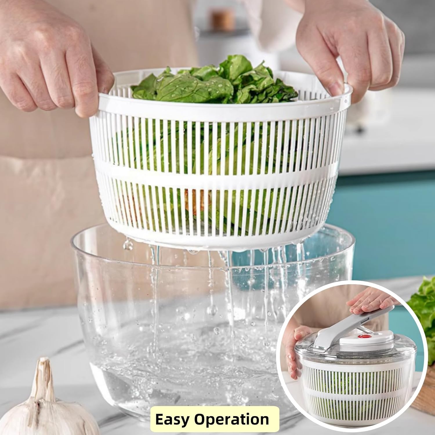 Push-Button Salad Spinner & Tosser - Leak-Resistant Dual Basket for Fresh Greens, Food Safe Mixer and Water Remover for Lettuce, Berries, Vegetables (White 3L(Medium))