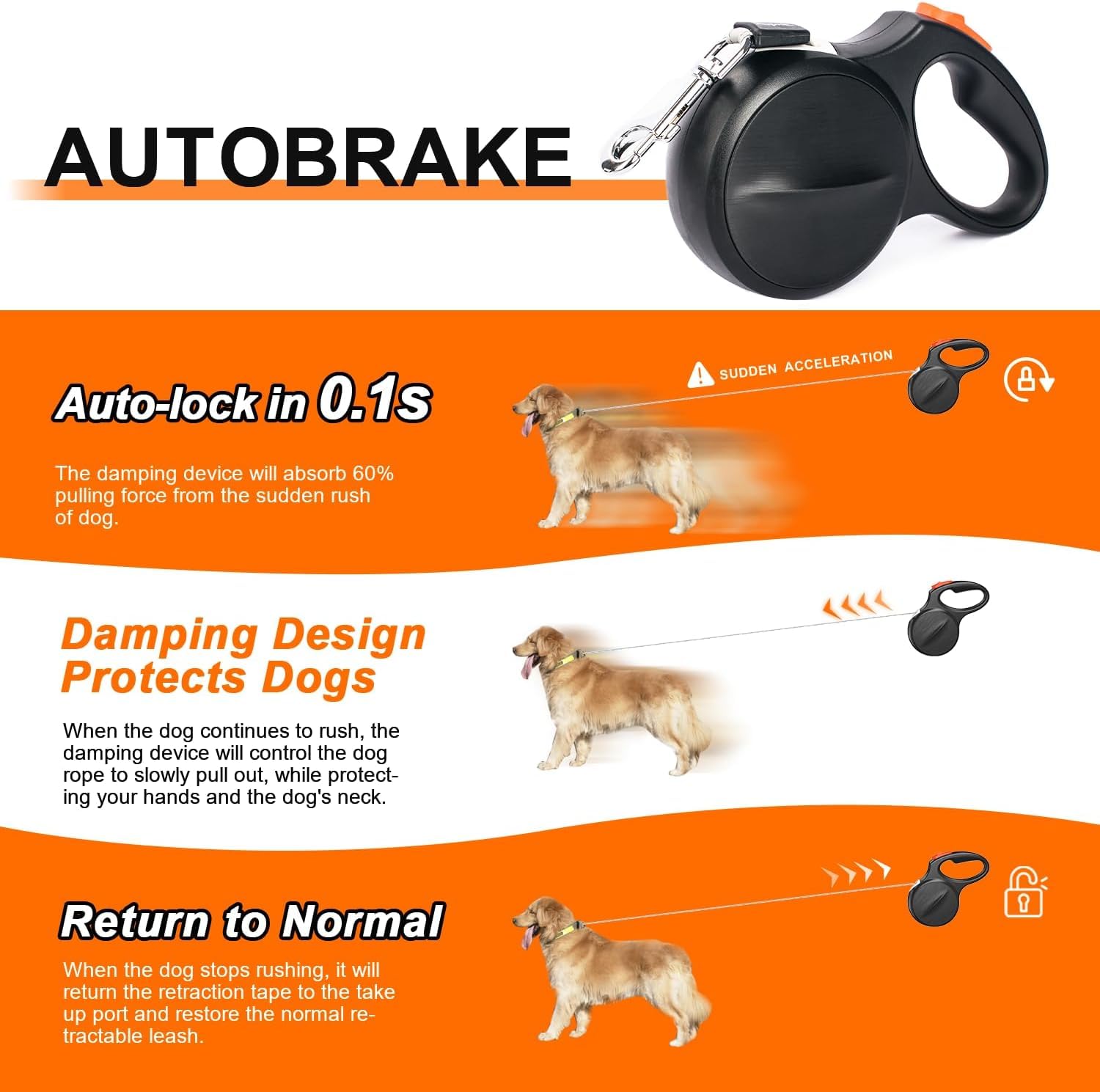 Heavy-Duty Retractable Dog Leash 16-Foot - Auto-Brake & 360° Tangle-Free Design for Medium/Large Dogs up to 110 lbs, Ideal for Energetic Breeds with Reflective Safety Tape