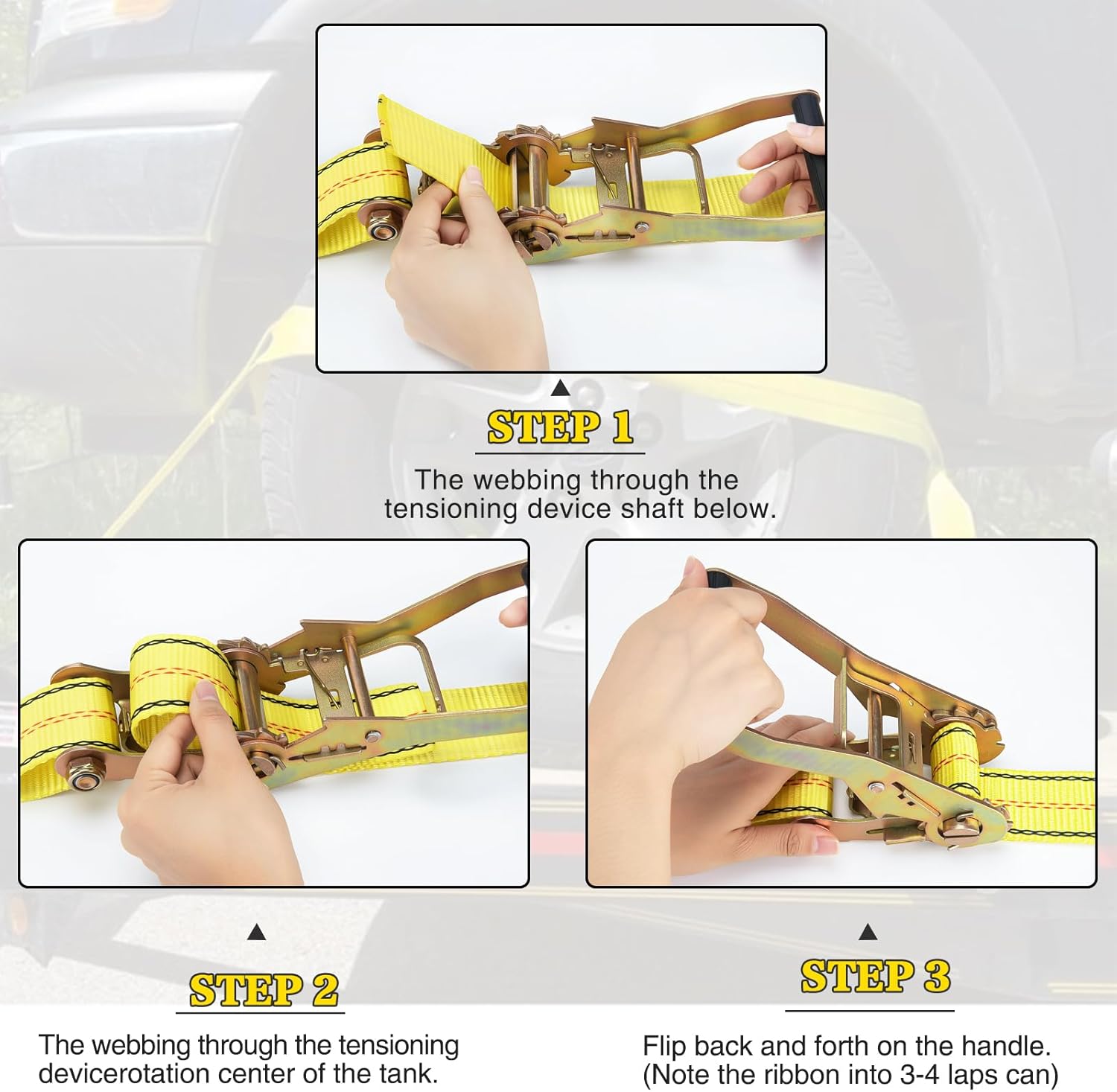 Tire Straps for A Car Trailer, Wheel Tie Down Strap 2" x 10' with Snap Hooks, Car Hauler Wheel Strap for 3300 Pound Safe Working Load